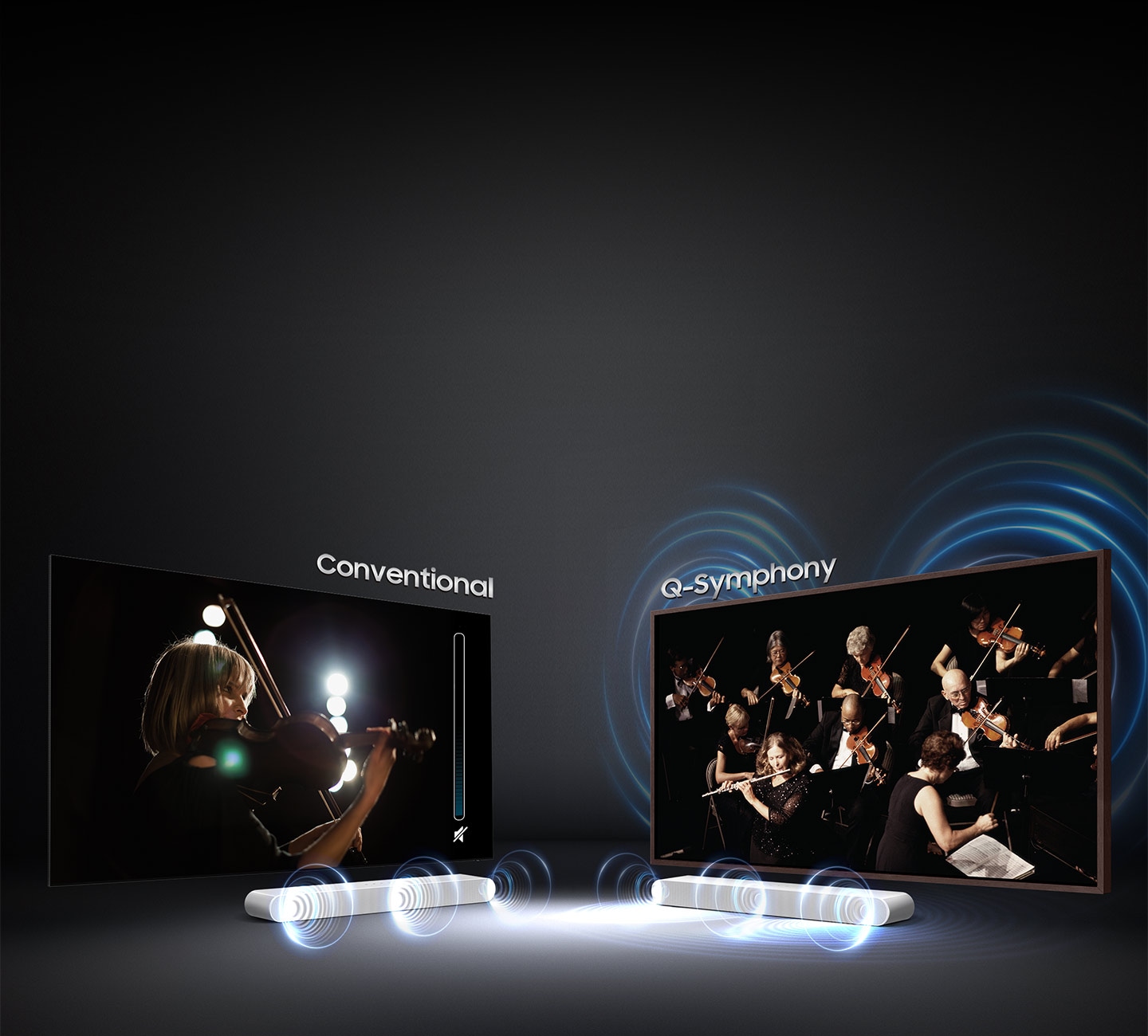 Sound wave graphics from only soundbar demonstrate conventional sound experience.On the other hand, sound wave graphics from TV speaker and soundbar show that Q Symphony allows sound to be heard simultaneously from TV speaker and soundbar.