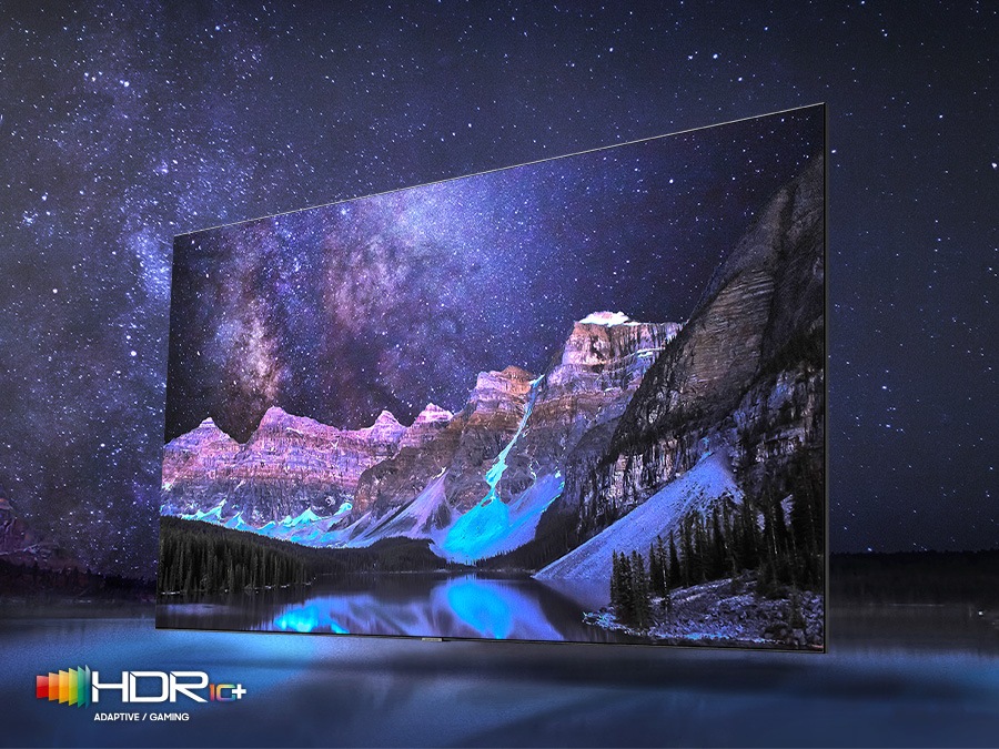 QLED TV displays deep details and contrasts of nature via Quantum HDR 12x. The HDR 10+ ADAPTIVE/GAMING logo is on the bottom.
