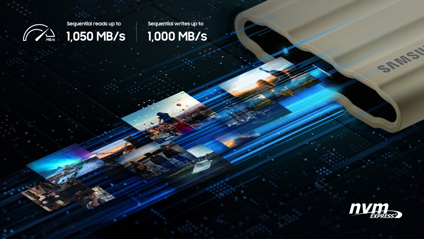 The T7 Shield transfers large files quickly.( To reach maximum read/write speeds of 1,050/1,000MB/s )