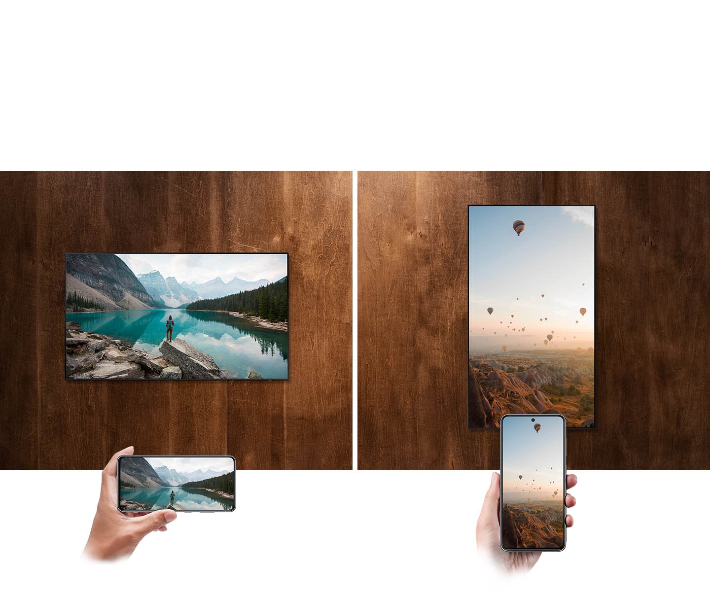 Phone images in landscape and portrait mode are mirrored on TV mounted on an Auto Rotating Wall Mount in the same direction.