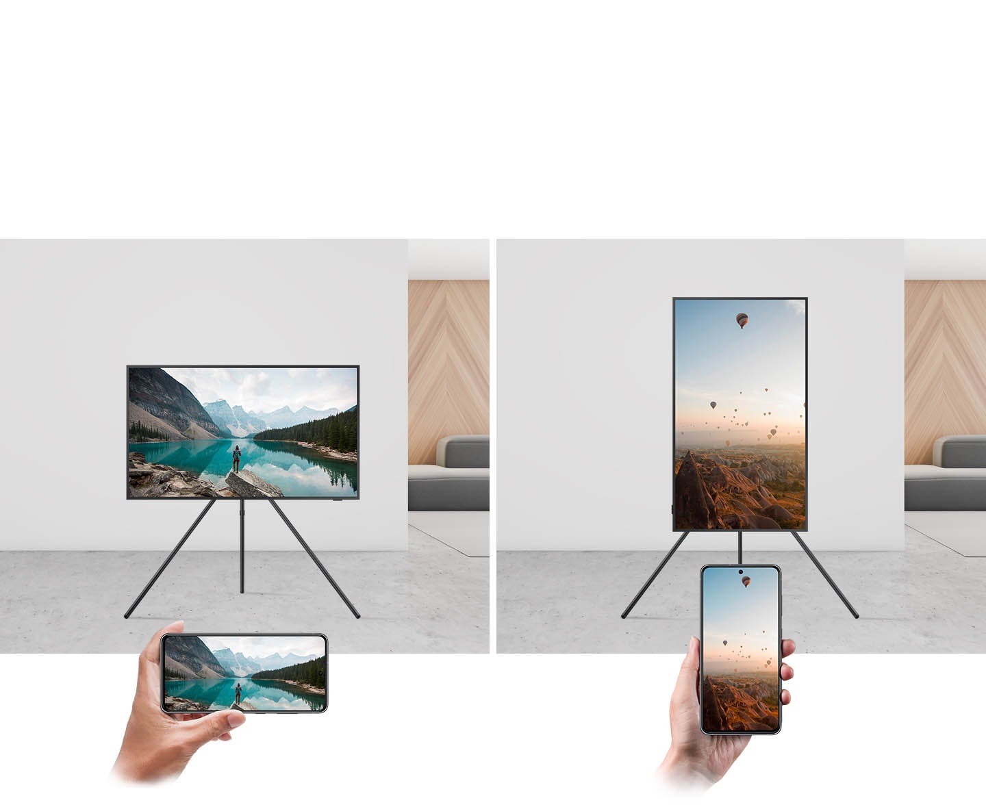 Phone images in landscape and portrait mode are mirrored on TV mounted on an Auto Rotating Stand in the same direction.