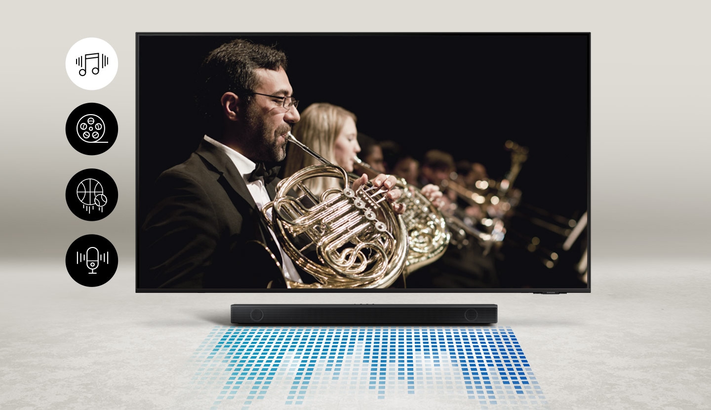 A TV shows orchestra and the soundbar shows it's audio waves. Music, movie, motorsport, and news icon can be seen on left.