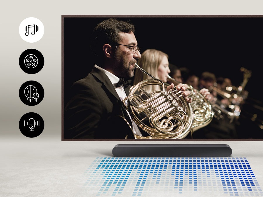 As a TV switches from music to movies, motorsport, and news, the soundbar adjusts and optimizes its sound to match each content.