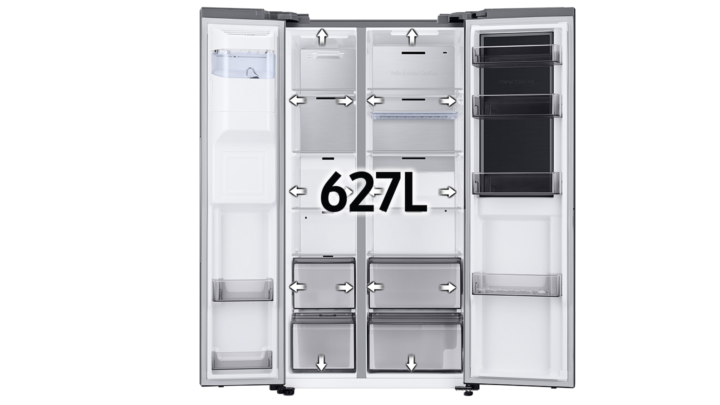RS8000BC can store more foods than before and the both sides of the door are open widely with the words ‘627L'.