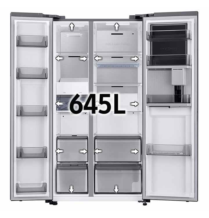 RS8000BC can store more foods than before and the both sides of the door are open widely with the words ‘645L'.