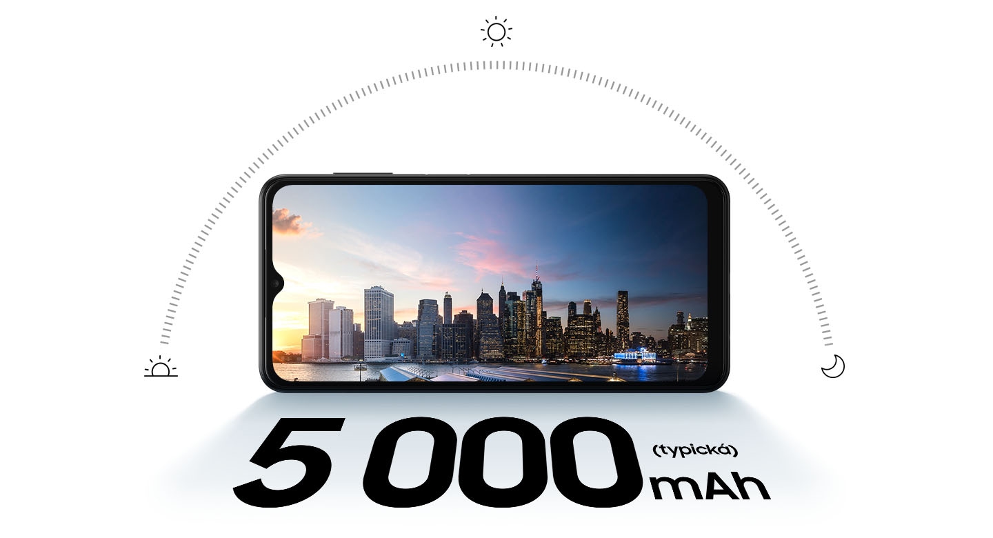 Galaxy A13 5G in landscape mode and a city skyline at sunset onscreen. Above the phone is semi-circle showing the sun's path through the day, with icons of a sun rising, shining sun and a moon to depict sunrise, mid-day and night. Text says 5000 mAh (typical).
