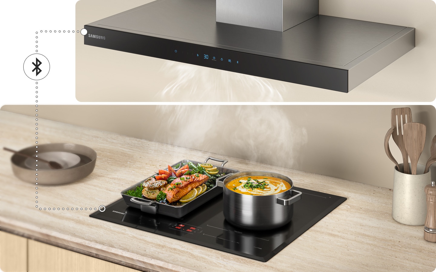 You can control the hood and cooktop at once by connecting them via Bluetooth.