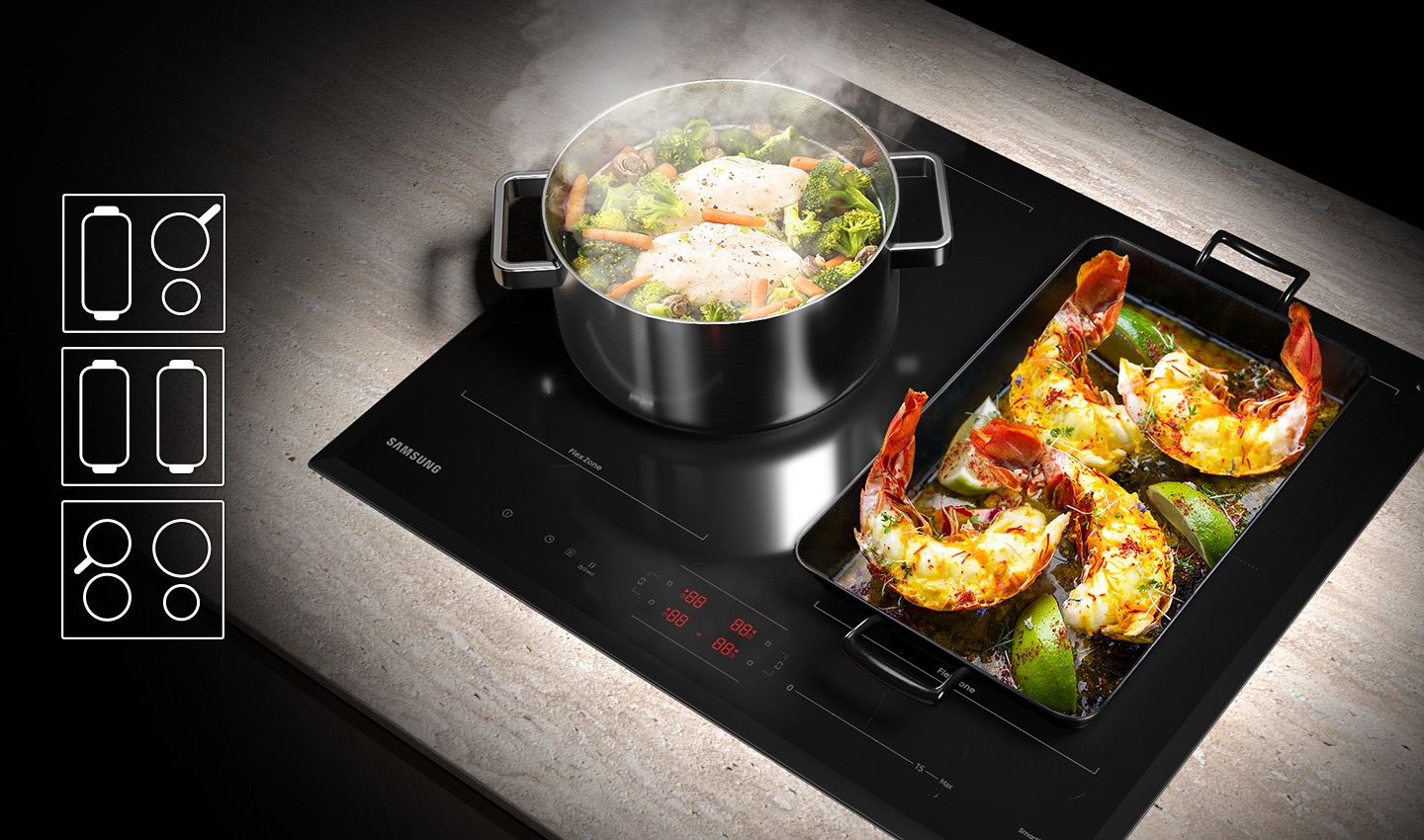 A round stockpot with a boiling chicken breast and vegetables is on the left Flex Zone, and the large square grill pan with lobster grilling is on the right Flex Zone. Icon shows the Dual Flex Zone can be used in three ways. First is one large rectangle-shaped cookware, one medium sized cookware and small sized cookware. Second is two large rectangle-shaped cookware. Third two medium sized cook ware and two small sized cookware.
