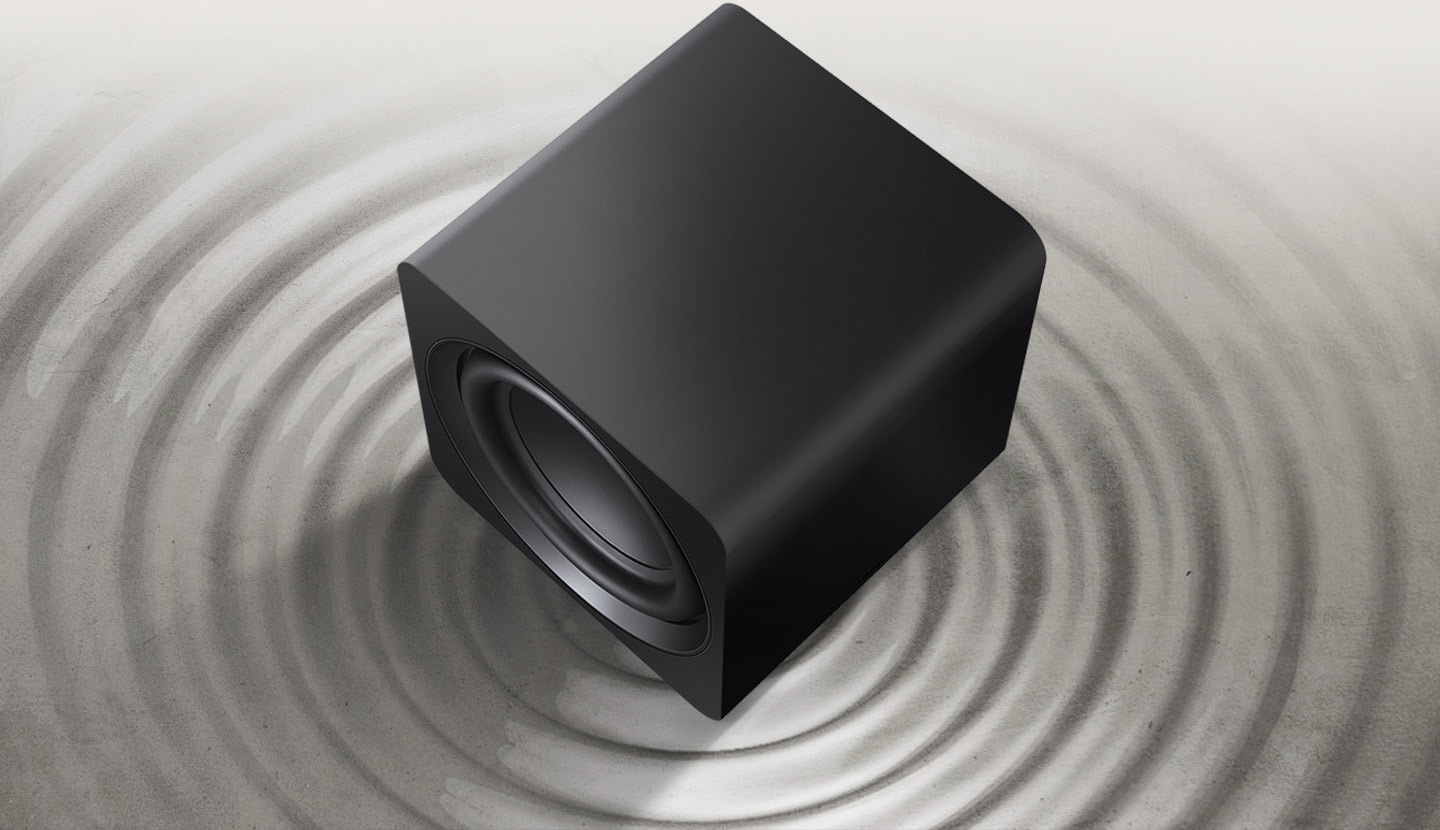 Vibration rings expand from a Samsung subwoofer on beat to show the soundbar's powerful bass.
