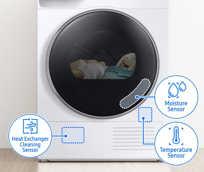 DV7400B dryer features moisture sensor, temperature sensor, heat exchanger cleaning sensor.