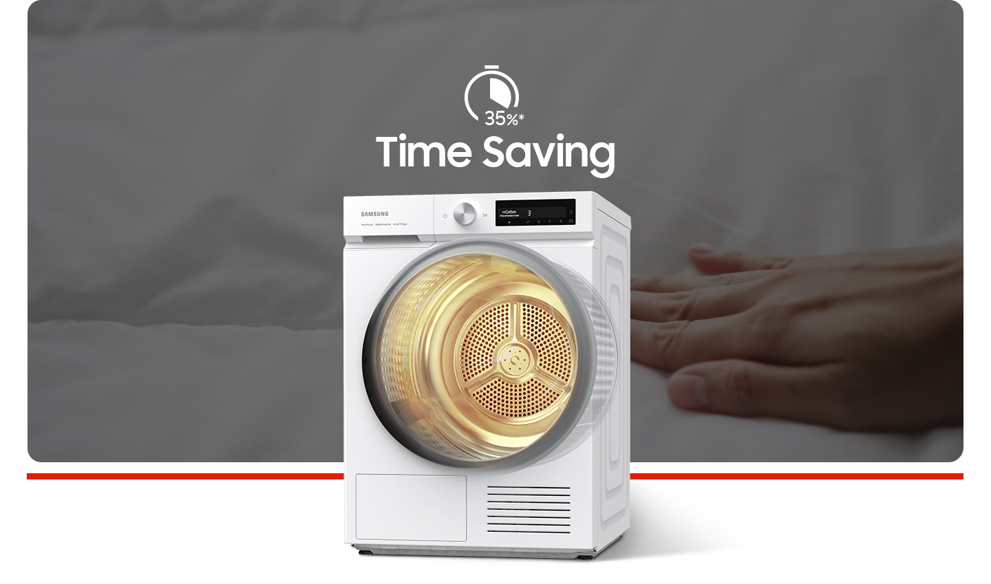 The inverter compressor technology automatically adjusts speed based on the internal temperature and care purposes. Cotton cycle with QuickDrive™ reduces the amount of moisture faster than without QuickDrive™, saving 35%"* drying time.