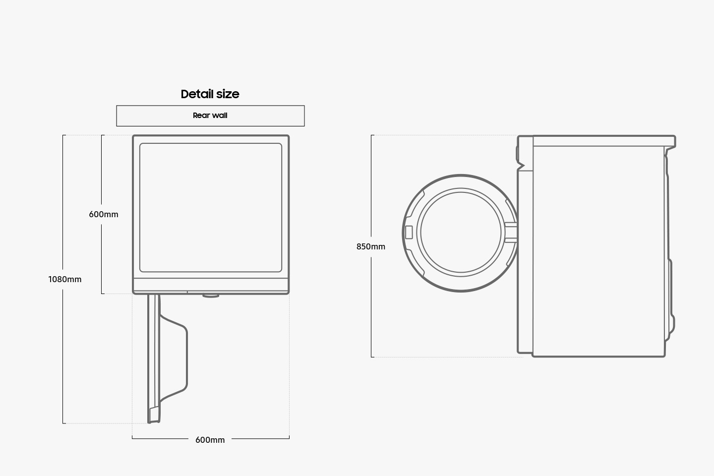 Width 600mm, height 850mm, depth 600mm, depth with door open 1080mm.