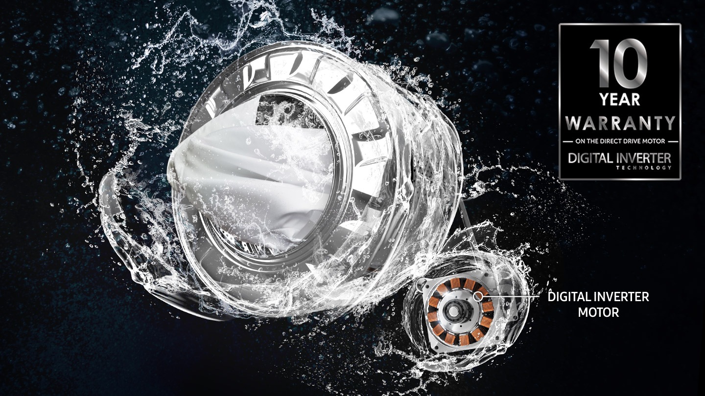Digital Inverter Motor, drum and water stream spins fast. WW3000AM's warranty is 10 years.