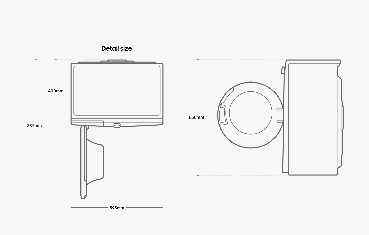 The Washer is 400mm deep, 595mm wide, depth with door open 885mm, height 850mm.