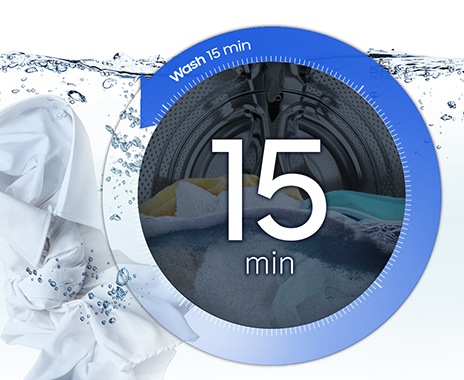 The clothes are in the washer, and the washing takes only 15 minutes in the Quick Wash program.