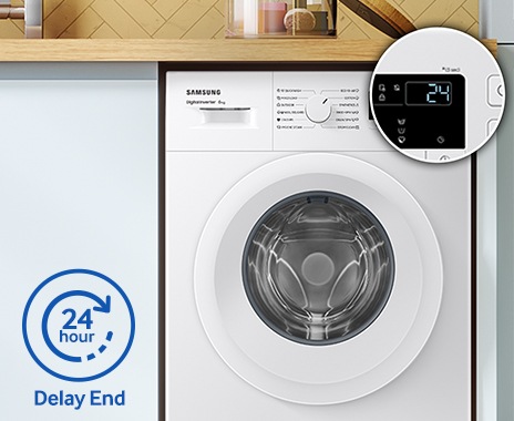 The number 24 appears on the display panel. The Delay End feature of WW3000AM delays laundry completion for 24 hours.