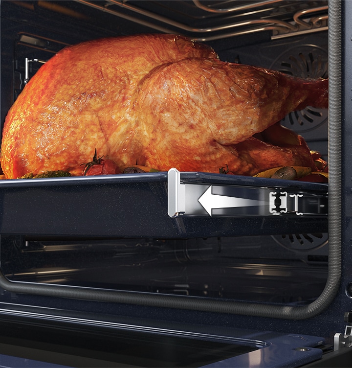 Shows a large roast turkey sliding out of the oven on the Telescopic Rail.