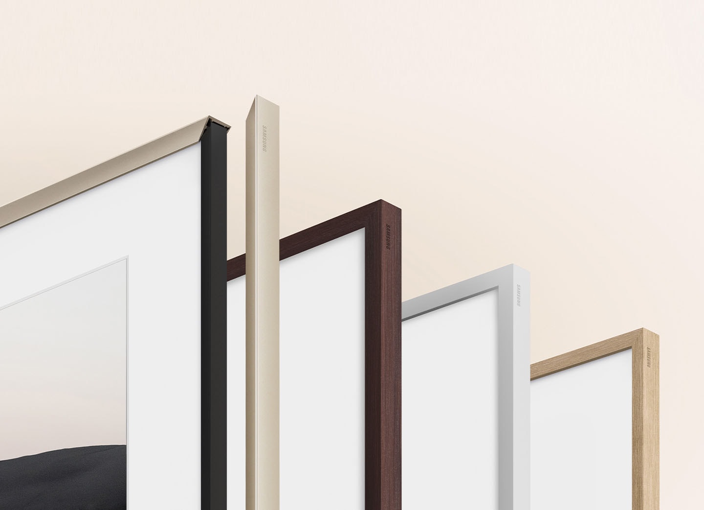 A variety of The Frame's customizable bezels are displayed.