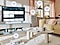 The SmartThings UI is on display on the TV. Wi-Fi icons are floating on top of the TV, vacuum robot, air purifier and lights.