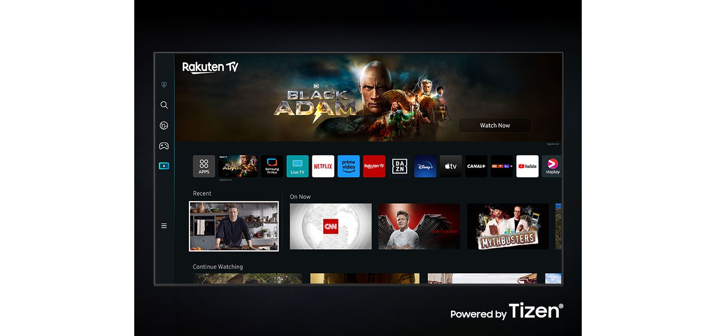 The new Smart Hub UI powered by Tizen is displayed to show a wide variety of OTT services and content being served.