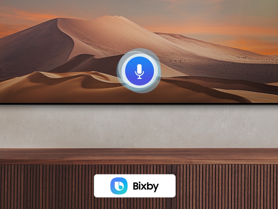 A microphone graphic is on the center of the screen with 2 voice assistants Bixby, Alexa built-in on the lower side of the screen.
