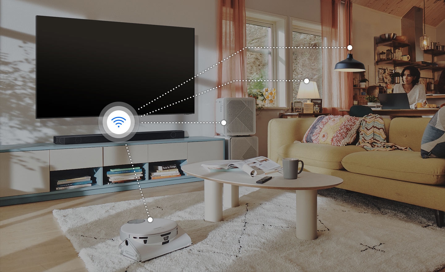 Robot vacuum, air purifier, lamp and a light fixture are connected wirelessly to Samsung Soundbar.