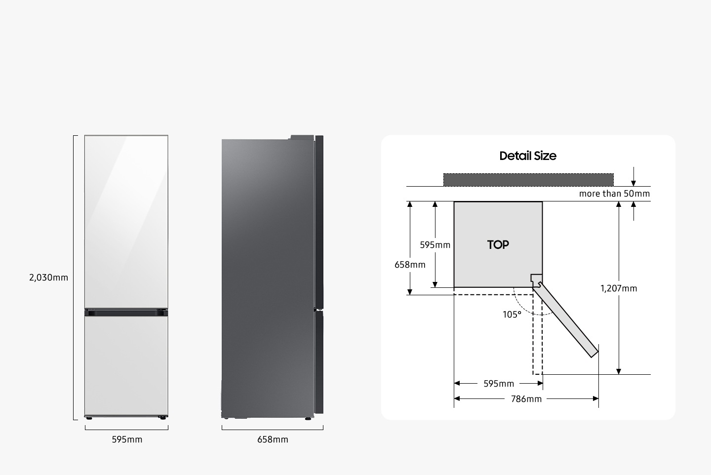 There are front and side views of RB7300. The RB7300 is 2030mm in height, 595mm in width, and 658mm in depth. When viewed from the top of the RB7300, the detail size is 595mm excluding the door and 658mm including the door. The door is opened up to 105°, with a width of 786mm and a front width of 595mm when the door is opened to 90°. When the door of RB7300 is opened at 90°, the length from the back of the product to the front of the door shall be 1207mm, and the product shall be installed with a space of more than 50mm from the wall.