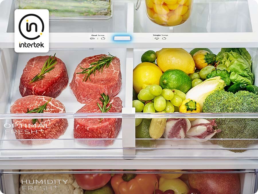 Two Optimal Fresh+ boxes are inside a refrigerator. One holds steaks and the other has fruits and vegetables. The Intertek logo is on the top left.