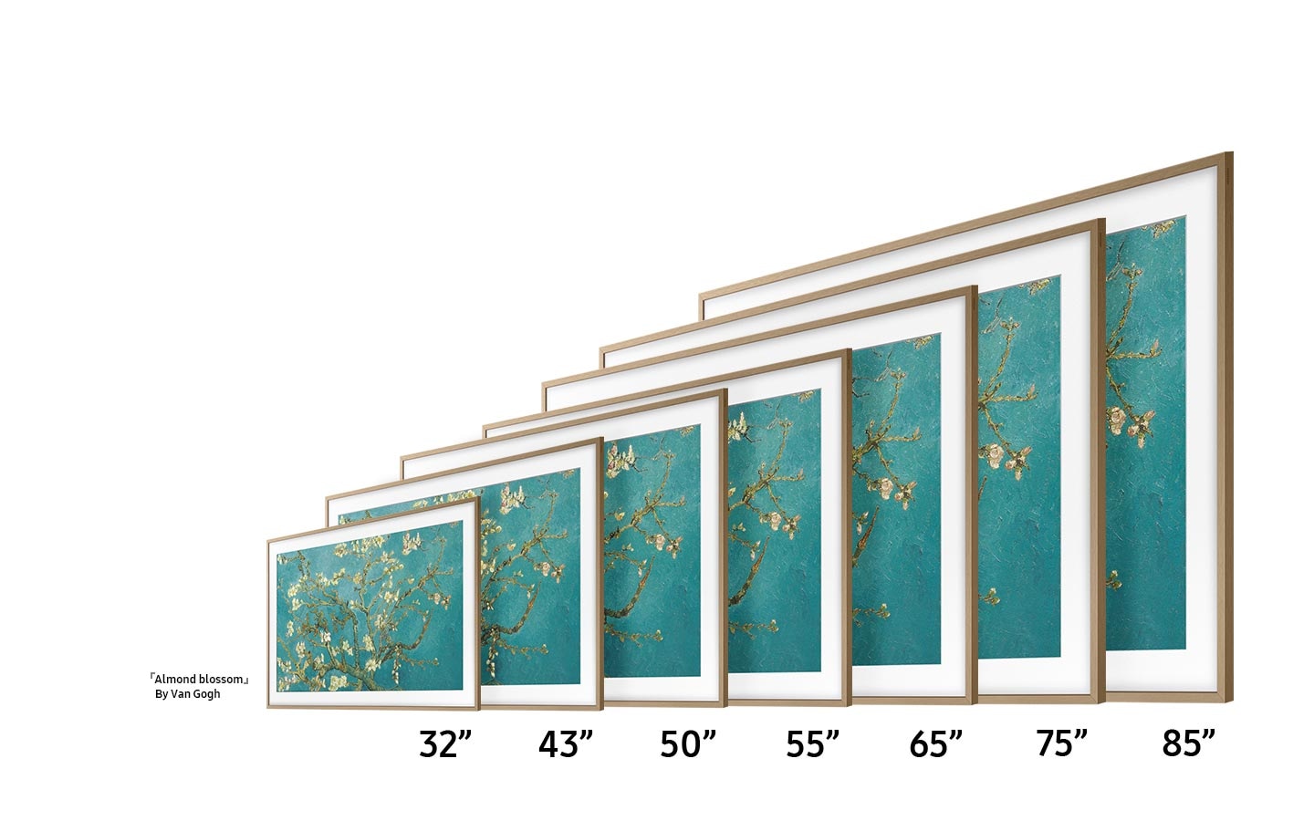 Modern and Beveled Bezels are compatible with 32, 43, 50, 55, 65, 75, and 85-inch TVs. 'Almond blossom' by Van Gogh on screens increasing in size.