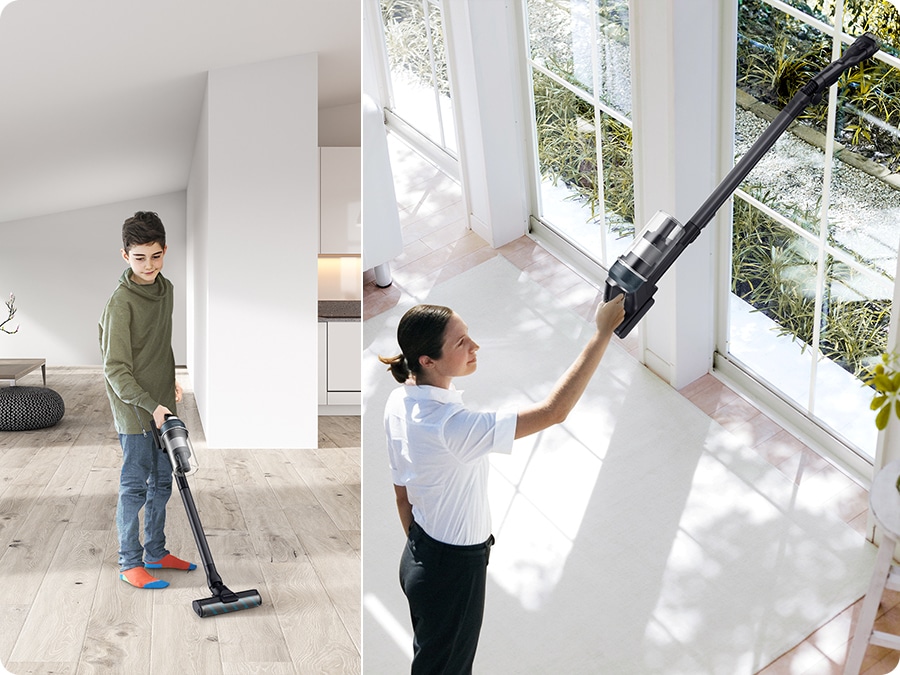 A young boy vacuums a living room with a Jet 95 and a woman vacuums a high window sill with a Jet 95.