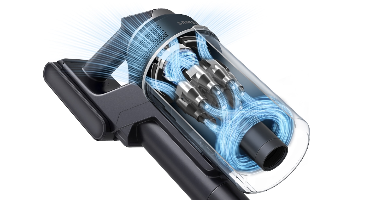 A close-up internal illustration a Jet 95's HexaJet Motor has blue streaks demonstrating the powerful suction.