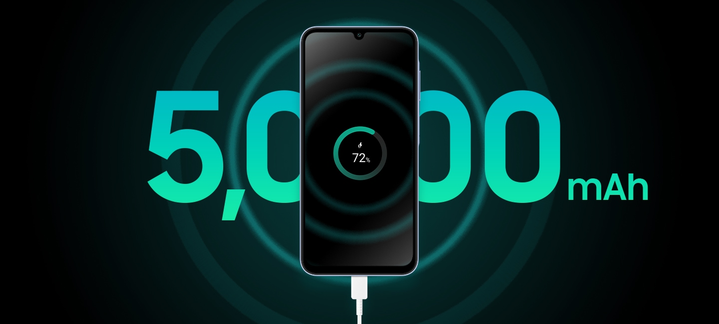 Galaxy A25 5G se nabíjí na 72 % kapacity baterie. Za zařízením je velkými písmeny napsáno „5 000 mAh“.