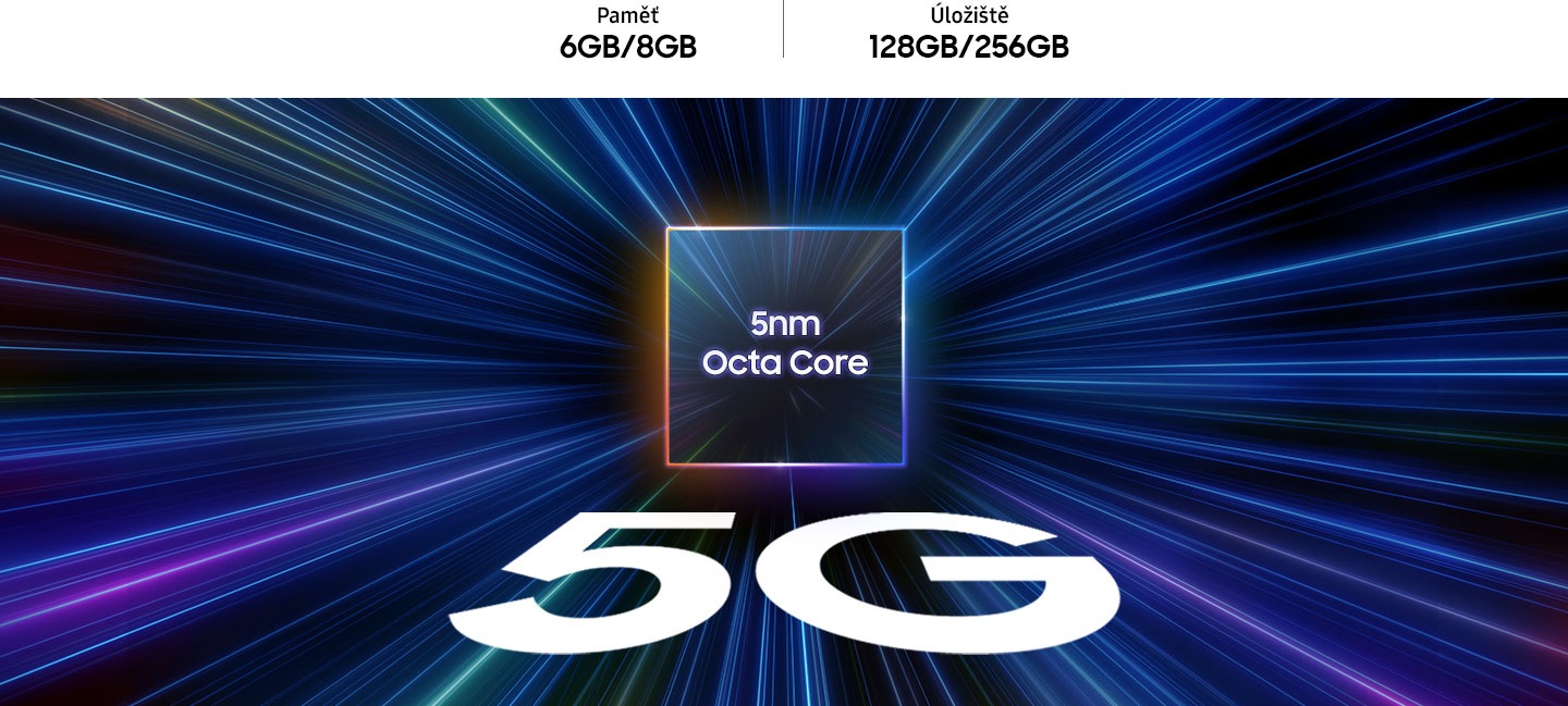 Text uvnitř kostky ve znění: „5nm Octa Core“. Pod ním je většími písmeny napsáno „5G“. Paprsky světla se spojují do středu krychle. 6 GB / 8 GB paměti, 128 GB / 256 GB úložiště.