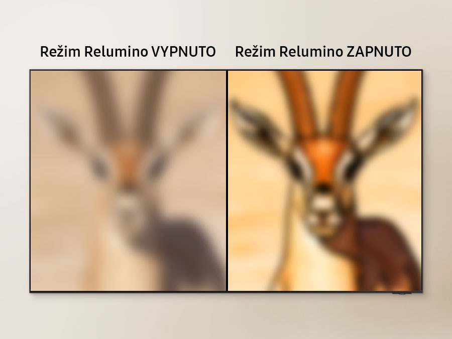 Televizor s obrazovkou rozdělenou na dvě strany. Rozmazaný obraz gazely na straně označené "Relumino Mode OFF" je vylepšen do jasného obrazu na straně označené "Relumino Mode ON."