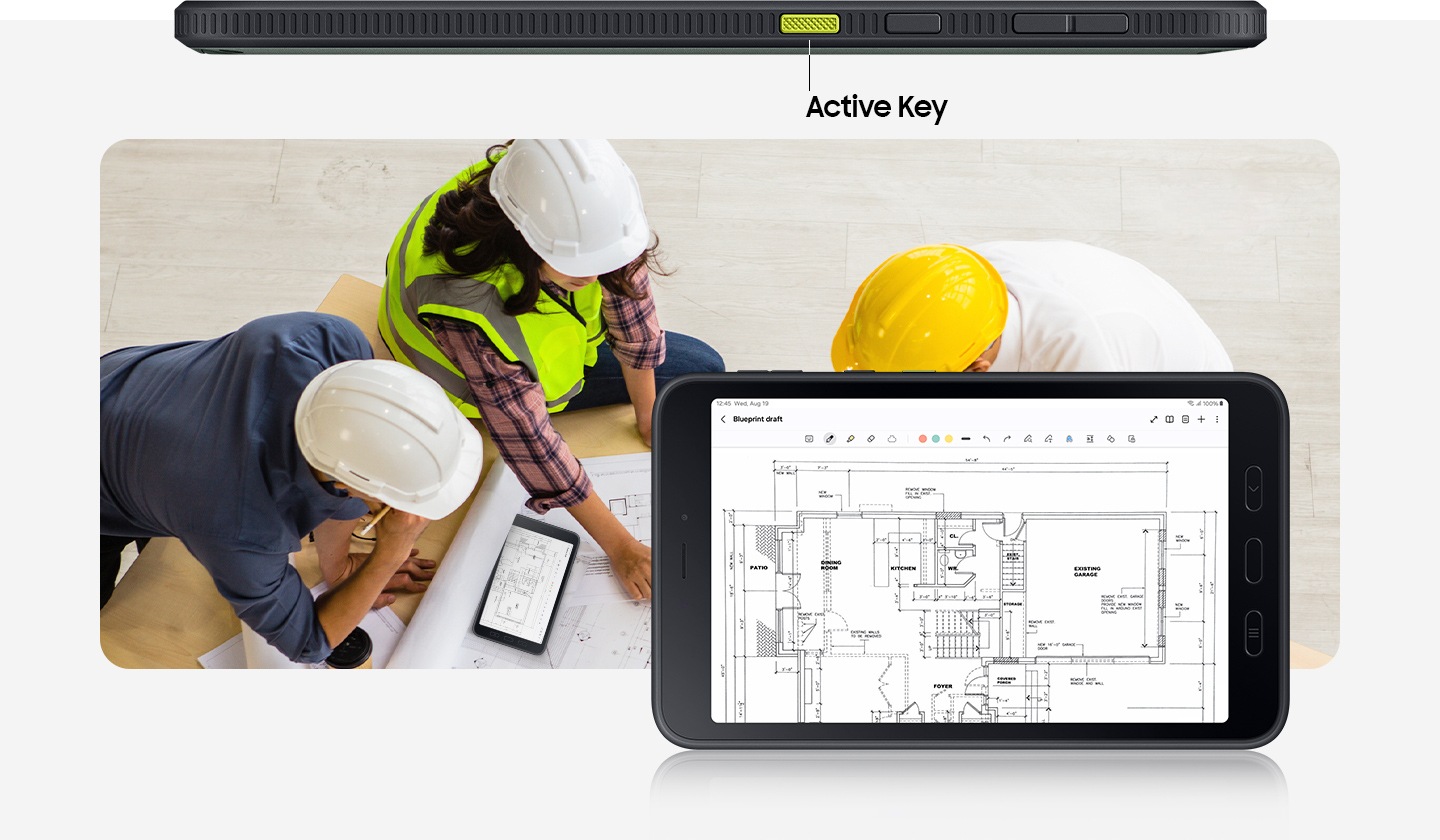 Nahoře je zobrazen boční pohled na Galaxy Tab Active5 5G se zvýrazněním aktivního klíče světle zelenou barvou. Tři architekti pracují na návrhu, který je také zobrazen na obrazovce zařízení Galaxy Tab Active5 5G, které je zobrazeno v popředí na pravé straně.