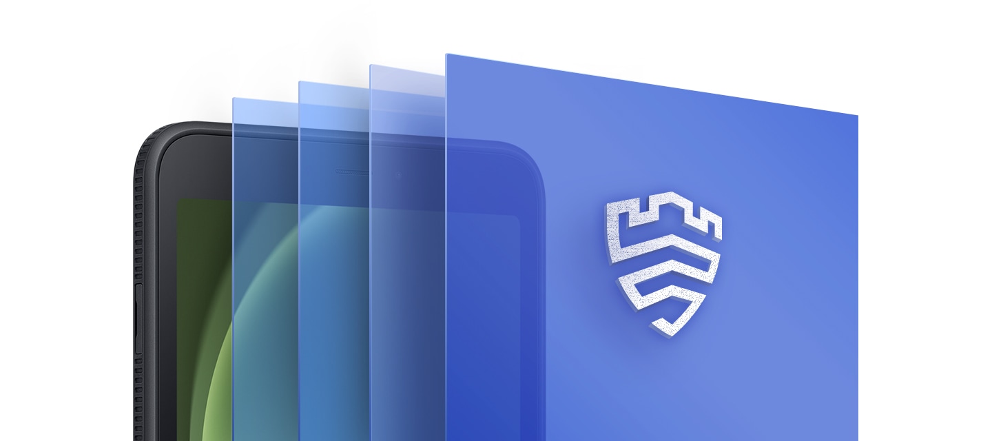 Horní polovina obrazovky Galaxy Tab Active5 5G je zobrazena vlevo. Z obrazovky vpravo vyčnívají čtyři namodralé vrstvy. Na vrstvě úplně vpravo je zobrazeno logo Samsung Knox.