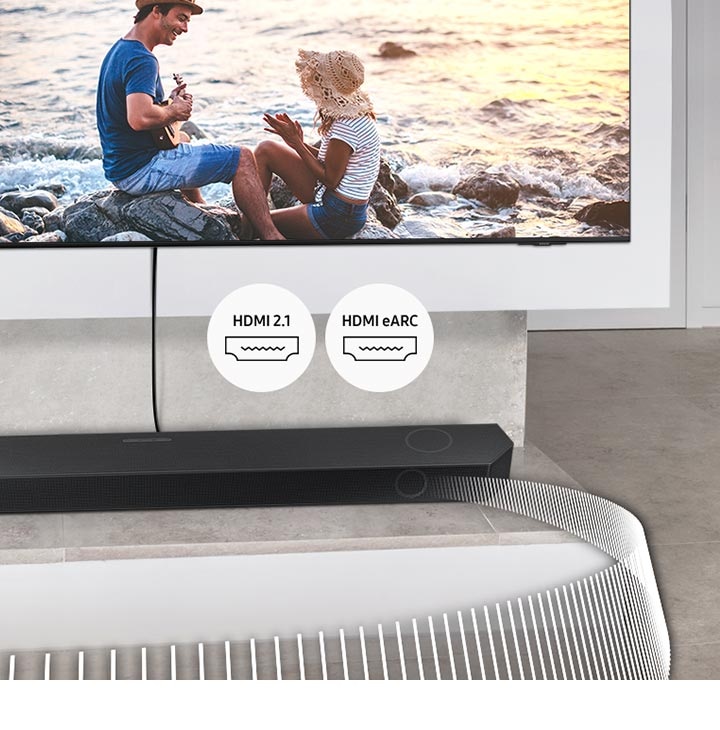 Soundbar přehrává zvukové vlny z televizoru připojeného kabelem. Doprovodné štítky označují HDMI 2.1 a HDMI eARC.