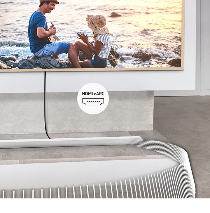 Ultra Slim Soundbar je připojen k televizoru kabelem. Přiložený štítek označuje HDMI eARC.