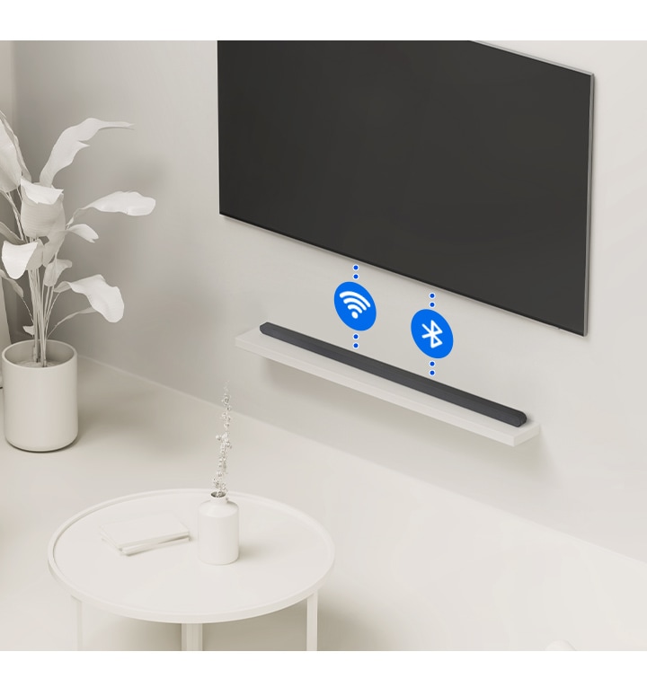 Televizor a Soundbar jsou propojeny bezdrátově pomocí tečkovaných čar se symboly Wi-Fi a Bluetooth.