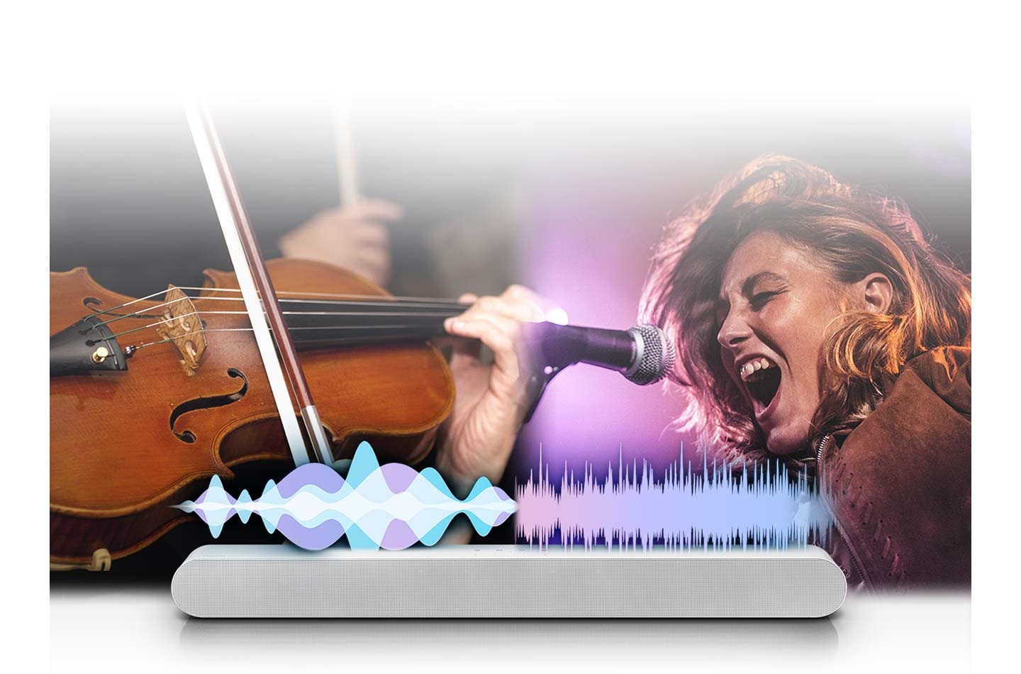Soundbar má audio panel, který přehrává různé aktivity pro různé hudby, jako jsou klasické housle a popový zpěvák.