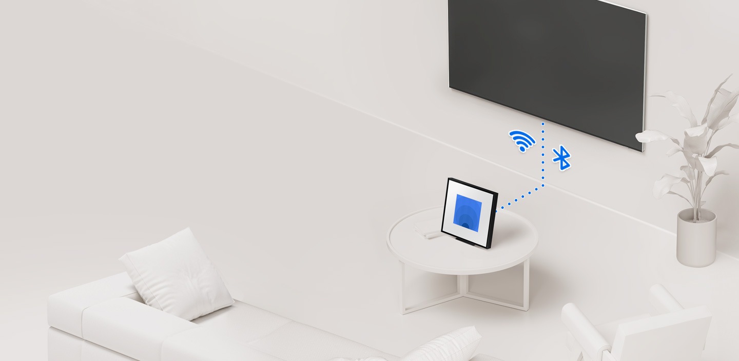 Televizor a hudební rám jsou propojeny bezdrátově pomocí tečkovaných čar se symboly Wi-Fi a Bluetooth.