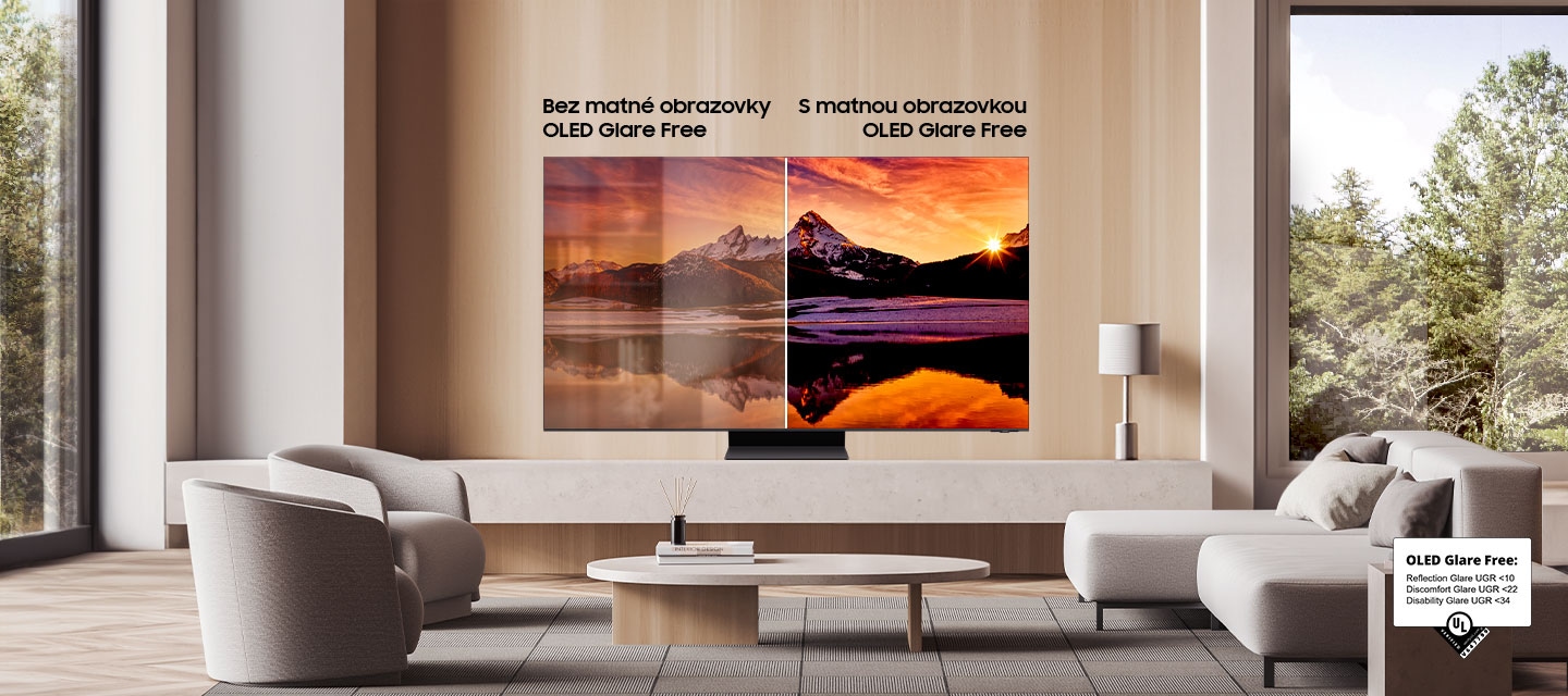 Samsung OLED v moderním obývacím pokoji s obrazovkou rozdělenou na „Bez odlesků OLED“ a „S OLED bez odlesků“ pro srovnání. Strana „Without OLED Glare Free“ odráží světla, která brání obrazu na obrazovce. Strana „S OLED Glare Free“ má čistý a ničím nerušený pohled na obraz na obrazovce. Bez oslnění OLED: Reflection Glare UGR <10. Nepohodlí Oslnění UGR <22. Postižení Oslnění UGR <34. UL.