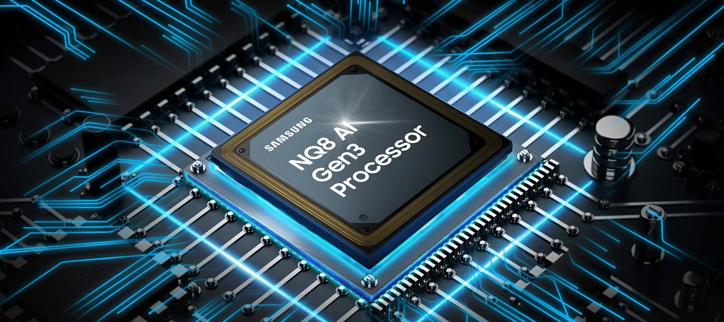 Процесорний чіп NQ8 AI Gen3 спускається на основну плату телевізора і підсвічує хвилі енергії, що протікають від чіпа до інших частин телевізора.