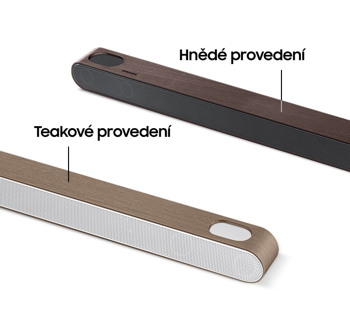 Two Ultra Slim Soundbars display different skin options. One has a Brown Skin, and the other has a Teak Skin.
