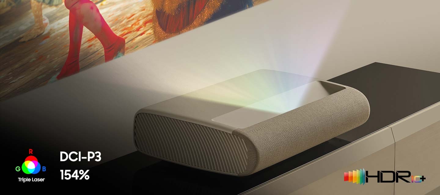 Premiéra sedí blízko zdi, na kterou promítá obraz. Loga HDR 10+ a Triple Laser R, G, B DCI-P3 154 %.
