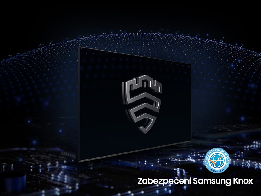 Vícevrstvé bezpečnostní řešení vytváří za televizorem kupolovitý kryt, který je zabezpečený společností Knox. Na obrazovce je emblém Samsung Knox. Text Vaše soukromí. Zajištěno. Pouze na Samsung TV je zobrazeno nahoře.