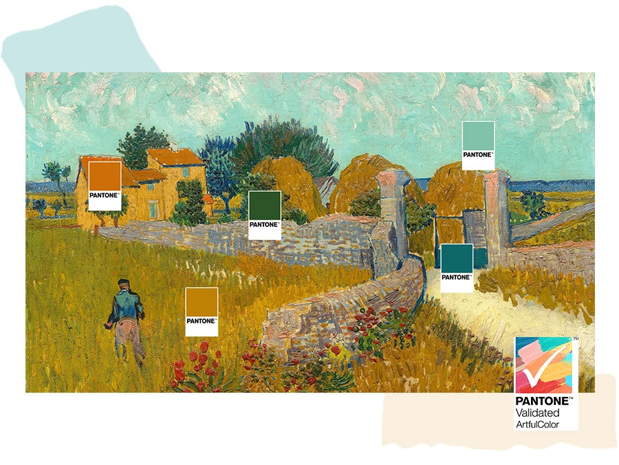 Malé karty zvýrazňují specifické barvy certifikované PANTONE na uměleckém díle. Logo PANTONE™ Valided ArtfulColor.