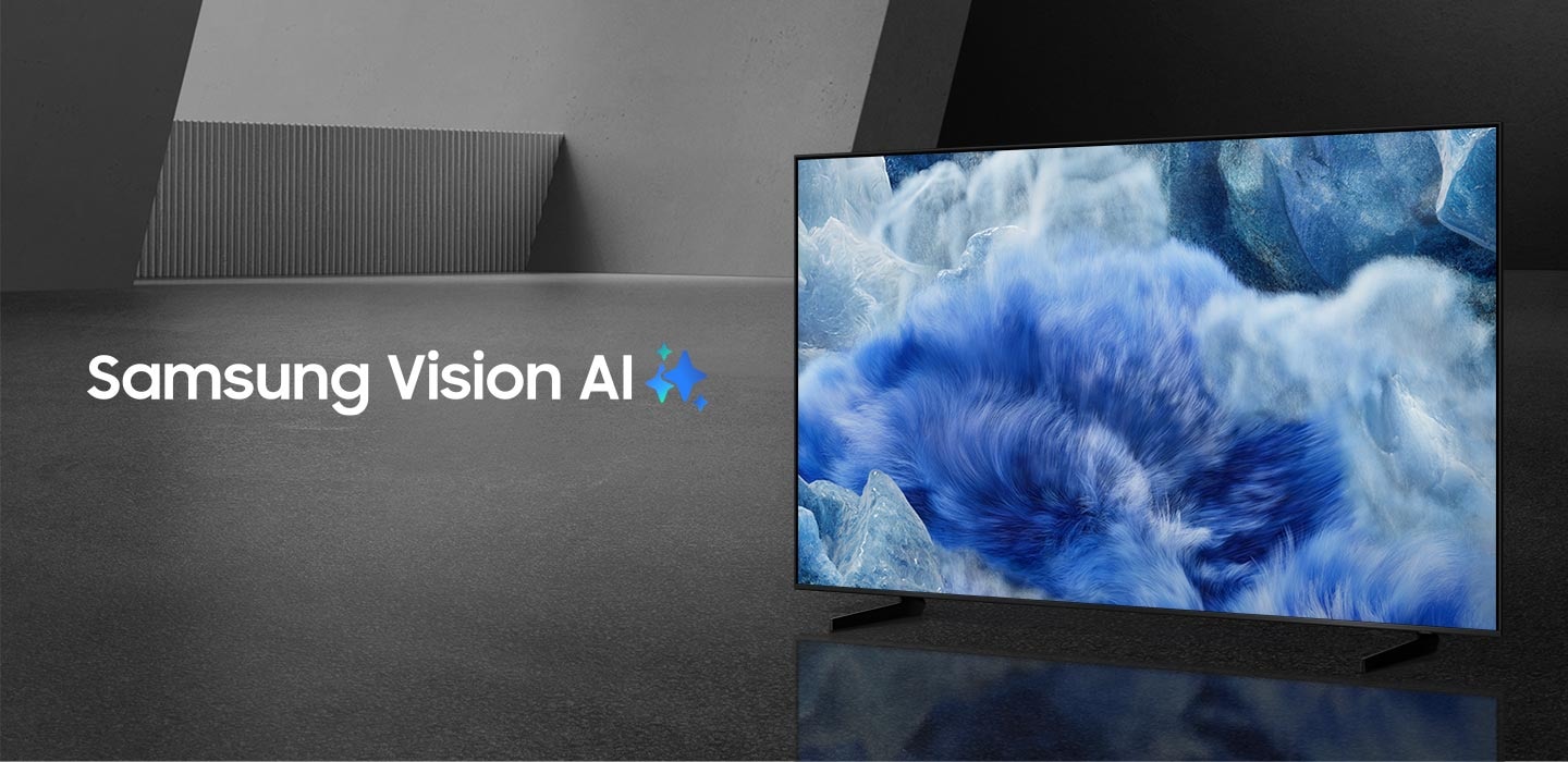 Televizor s umělou inteligencí Samsung Vision má nadpozemskou krajinu s živými modrými travnatými poli, které se objevují na obrazovce.