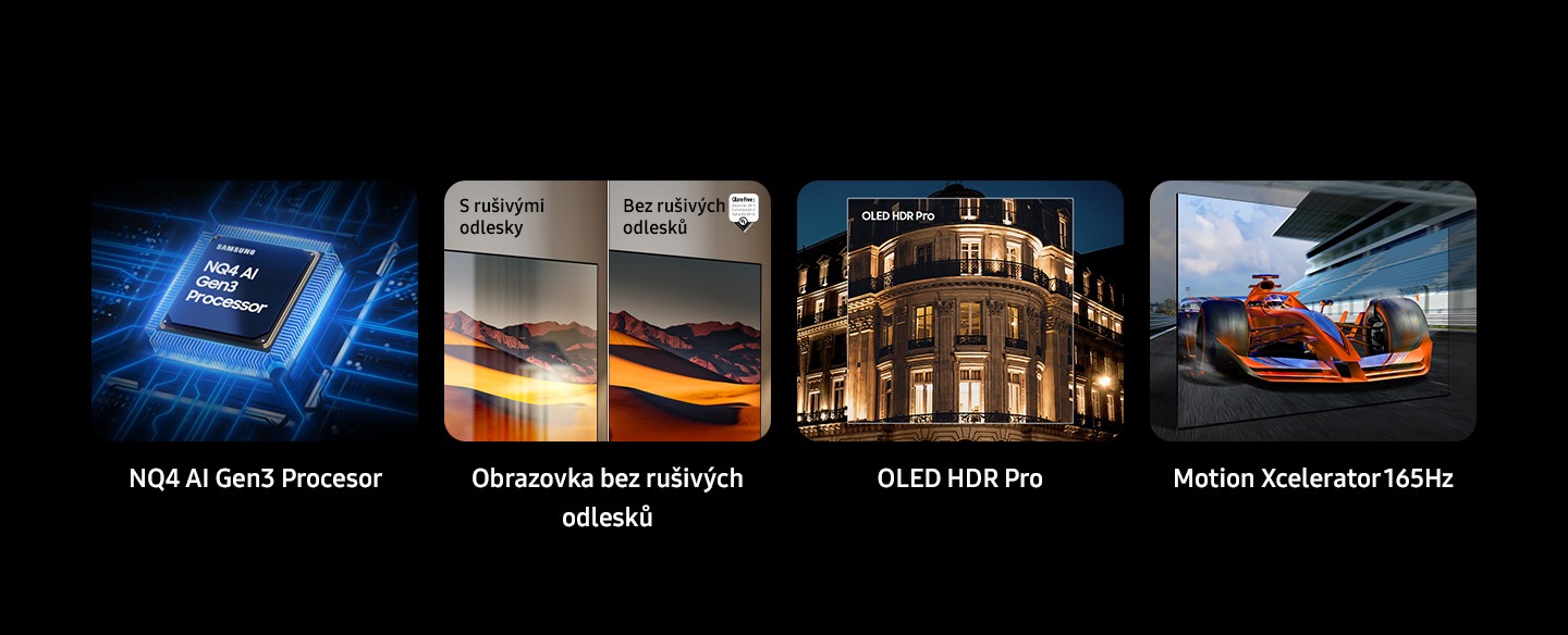 Procesor Samsung NQ4 AI Gen3. Oslnění zdarma zobrazuje obrazovky s Bez oslnění zdarma a s oslněním zdarma. Ověřené logo UL. Bez oslnění: Reflexní oslnění UGR < 10, nepříjemné oslnění < UGR 22, oslnění pro postižené < 34. verifyUL.com®. V166045. OLED HDR Pro. Motion Xcelerator 165Hz.