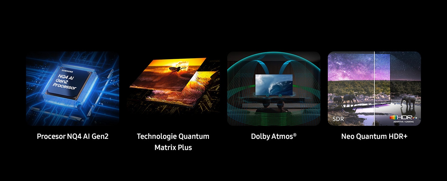 Procesor Samsung NQ4 AI Gen2. Technologie Quantum Matrix Plus. Dolby Atmos®. Neo Quantum HDR+ zobrazuje rozdělené obrazovky pro SDR a HDR10+ Adaptive / Gaming.